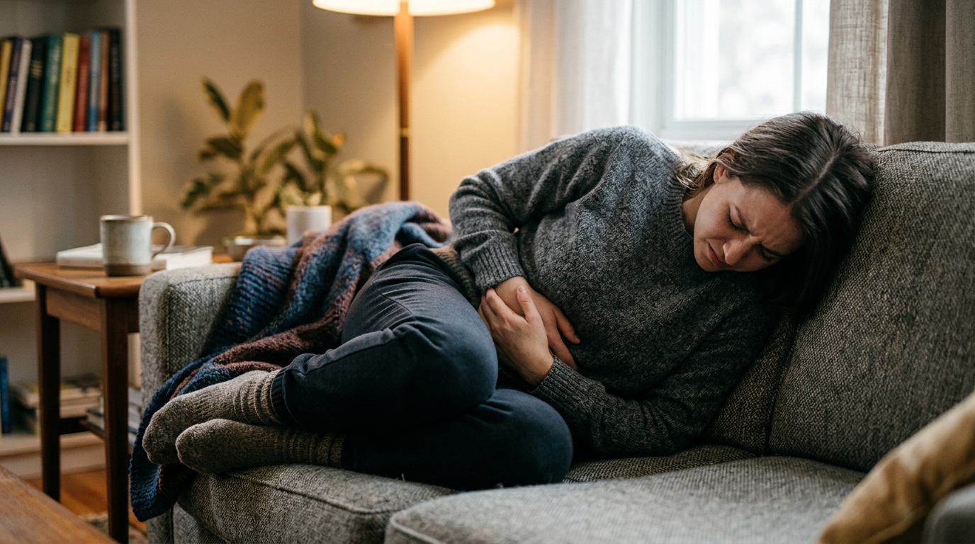 Person sitting curled forward clutching painful abdomen and stomach cramps