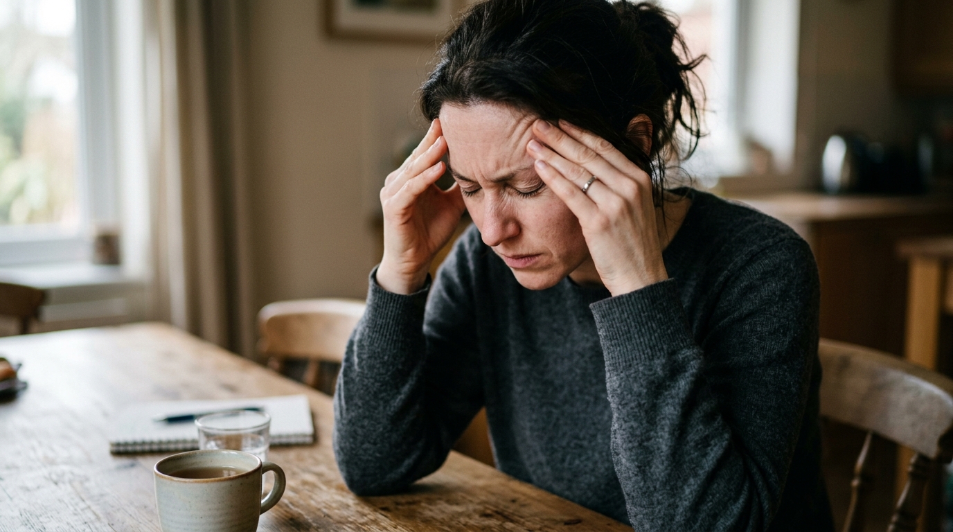 Adult resting temples in hands suffering from severe migraine and throbbing tension headache