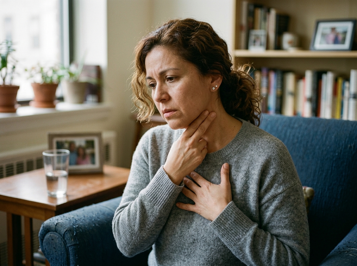 Patient checking carotid artery pulse in neck with hand on chest feeling irregular heart palpitations