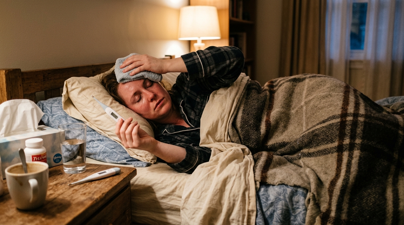 Sick patient in bed checking digital oral thermometer and cold compress for high fever