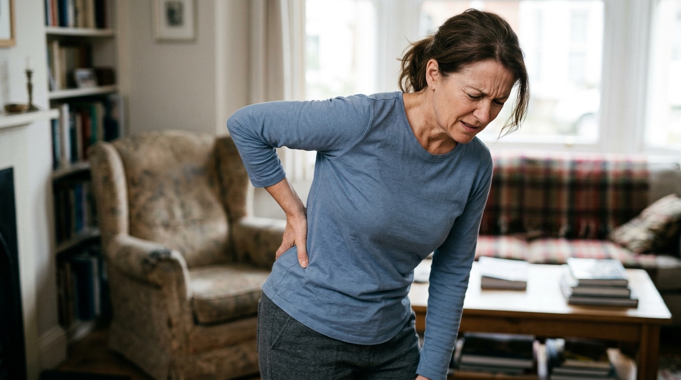Adult standing and grasping painful lumbar lower back in acute lumbago muscle strain