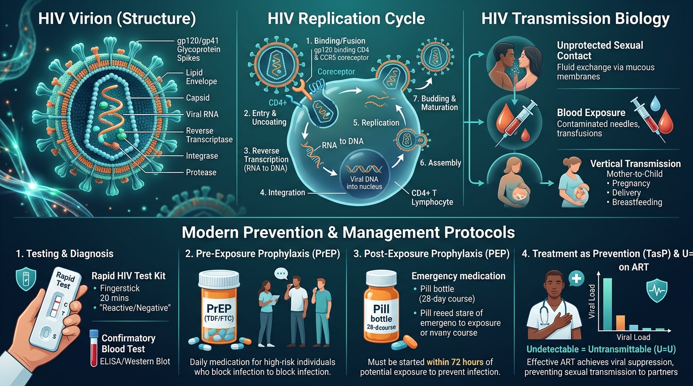 Comprehensive clinical infographic detailing HIV virion structure, replication cycle, transmission vectors, PrEP, PEP, and U=U viral suppression standard