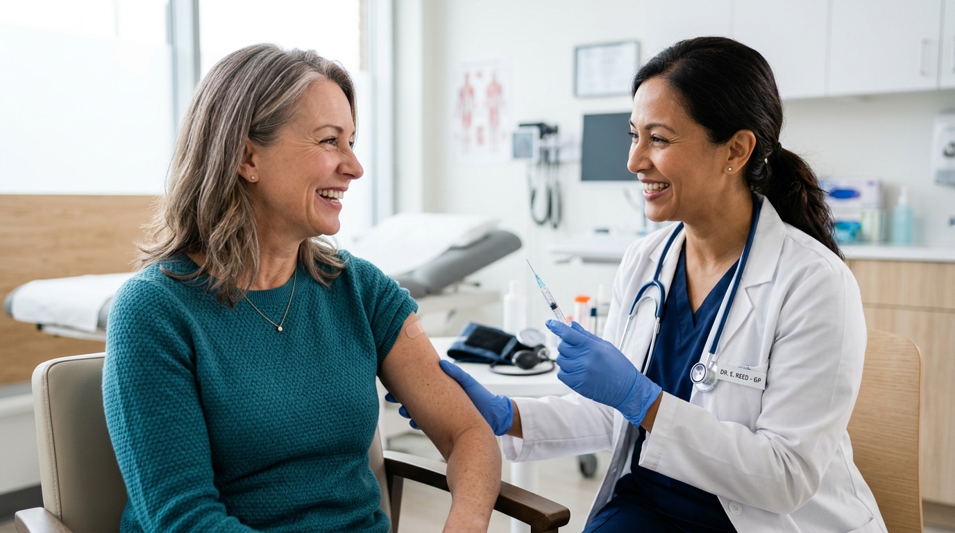 Adult smiling in clinical consultation receiving advice on vaccines needed after age 50