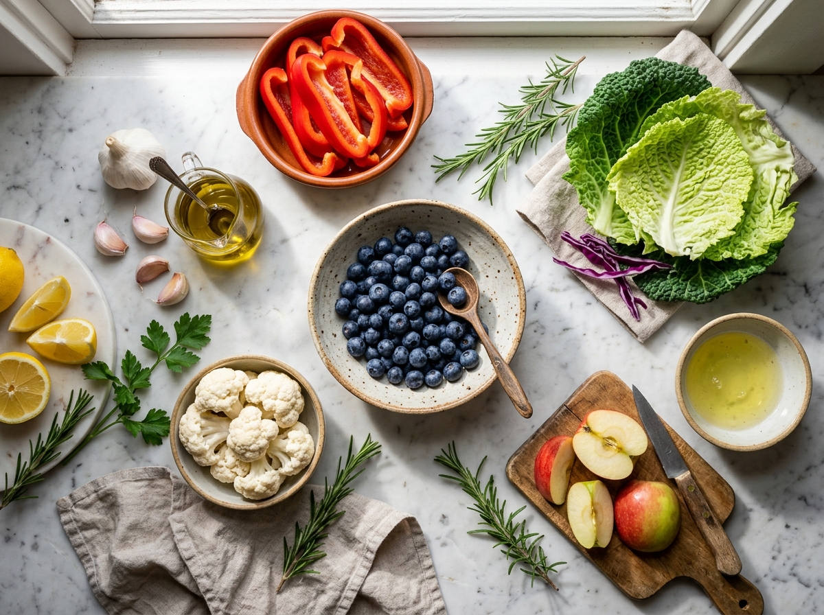 Flat lay of kidney-friendly superfoods: blueberries, cauliflower, red bell peppers, garlic, lemon, olive oil, apple, cabbage and fresh herbs on white marble